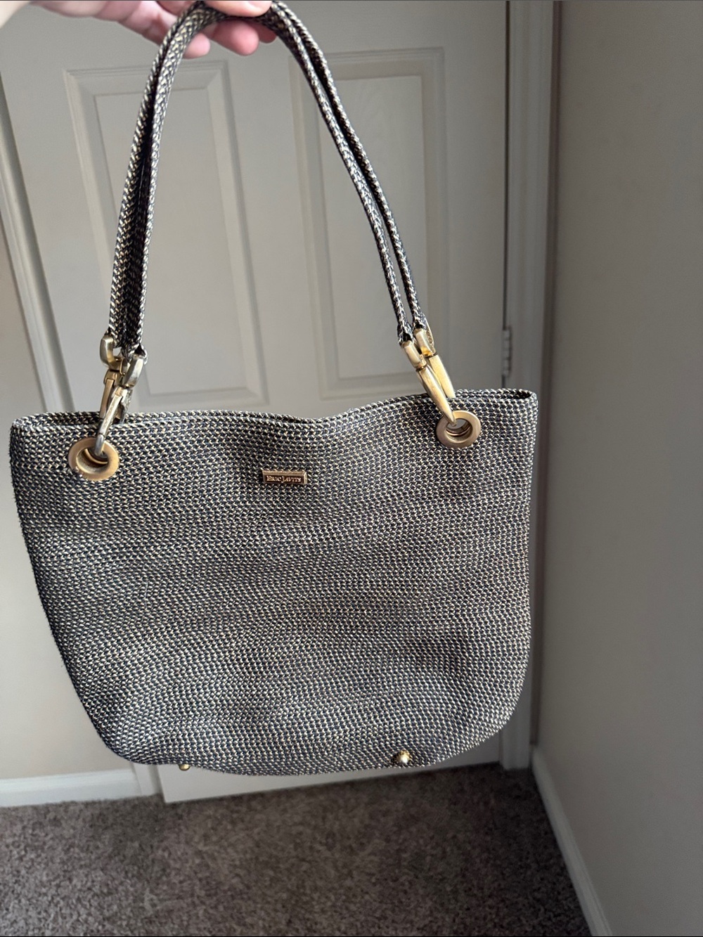 Eric Javits Gold and Black Woven Tote with Gold Hardware